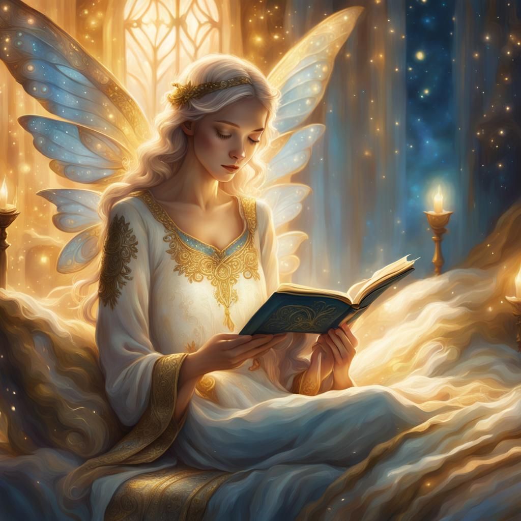 Golden Winged Fairy Reading: Fantasy Art
