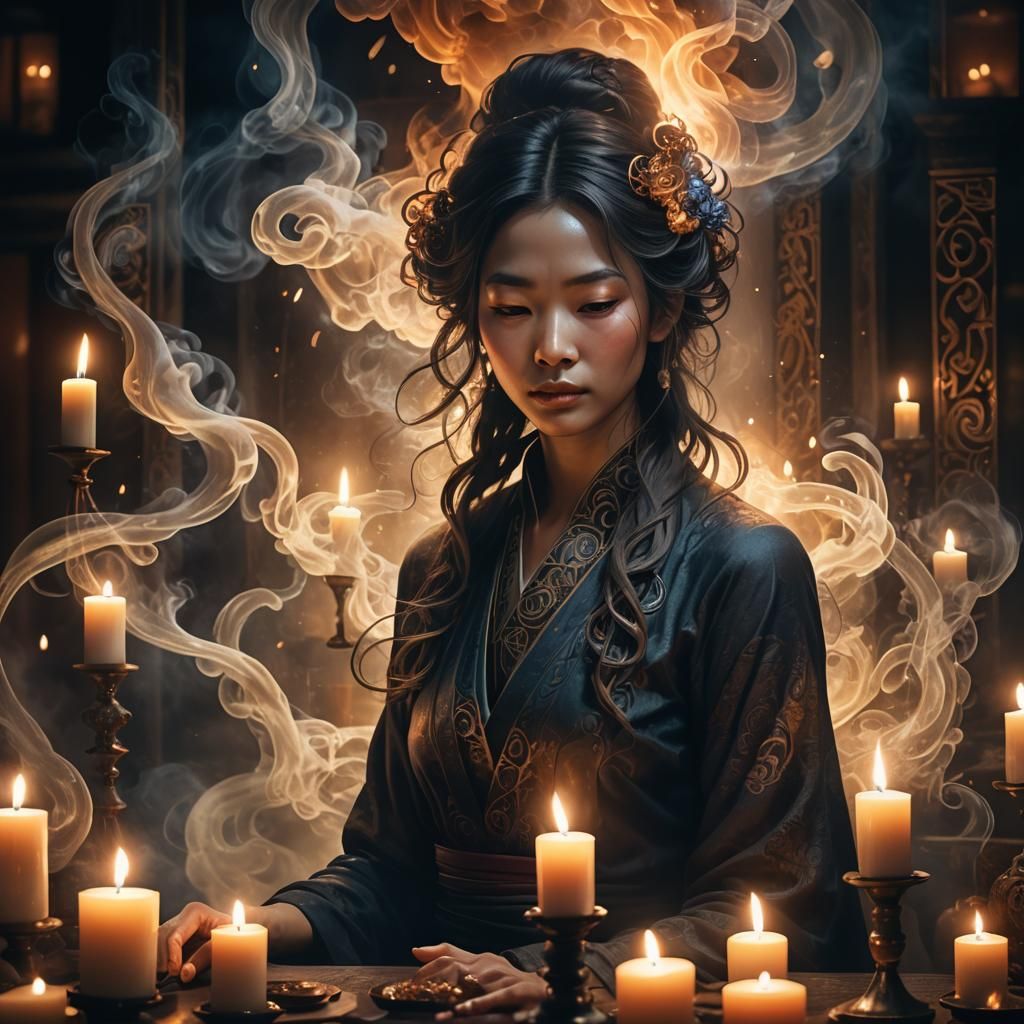 Serene Figure in Smoky Zen Studio, Art Nouveau Style