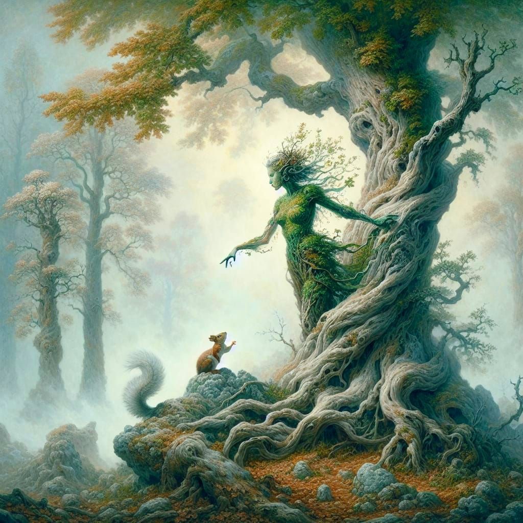 Dryad Emerges to Pet Squirrel in Misty Forest
