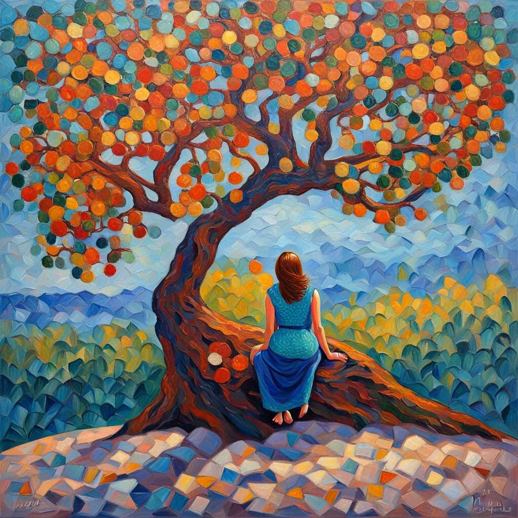 Atlantean Queen on Throne, Neo-Impressionist Oil Painting