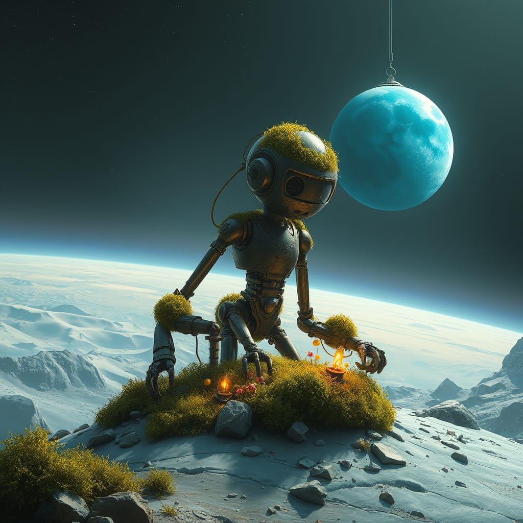 Ancient Robot Tends Glowing Garden on Terraformed Moon