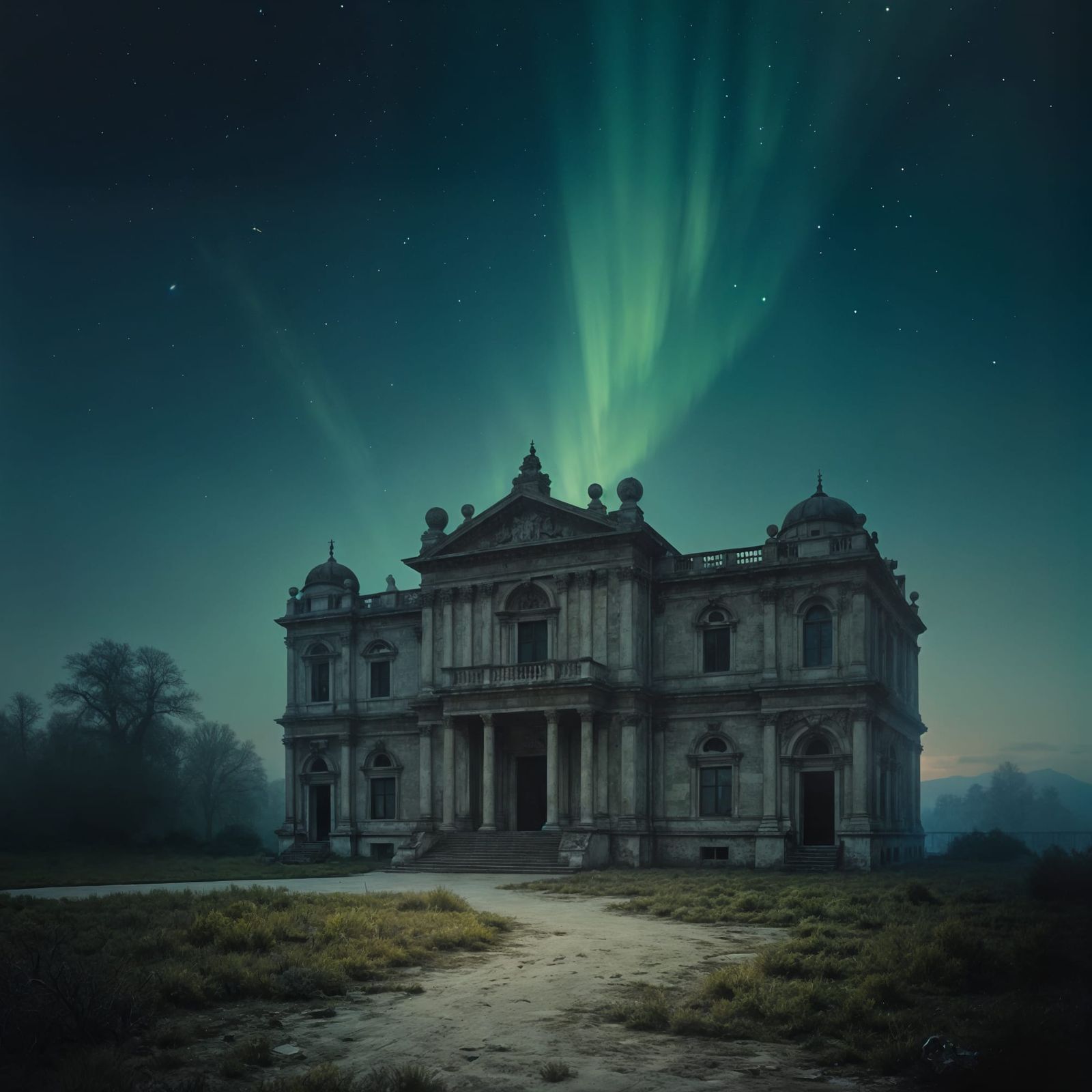 Ethereal Starry Night Over Abandoned Palazzo