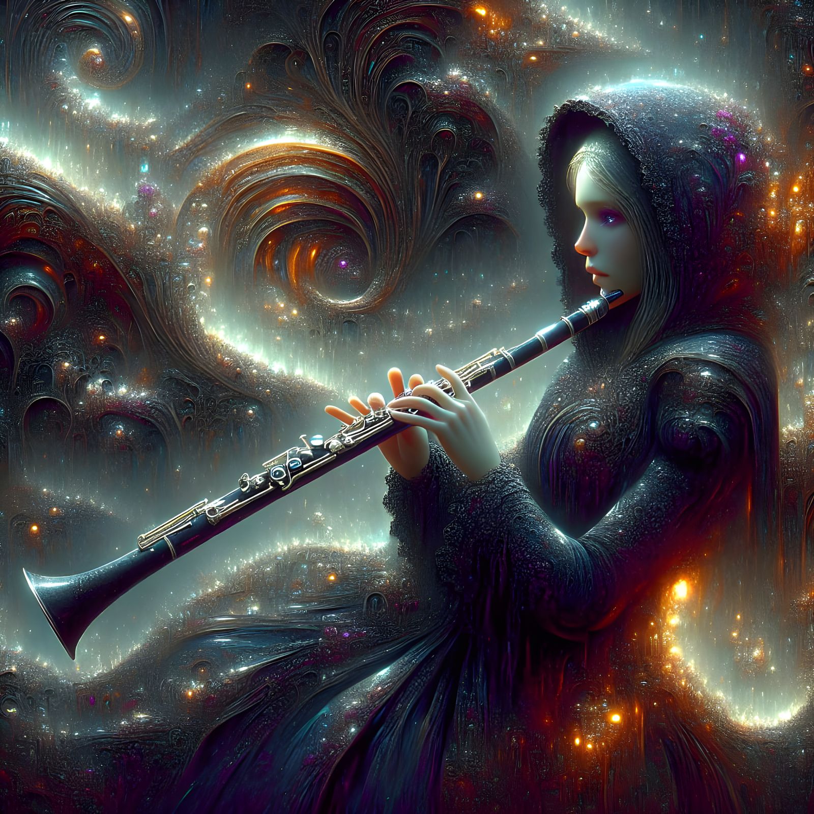 Eerie Cosmic Scene: Asymmetric Bassoonist Plays Ghostly Tone...