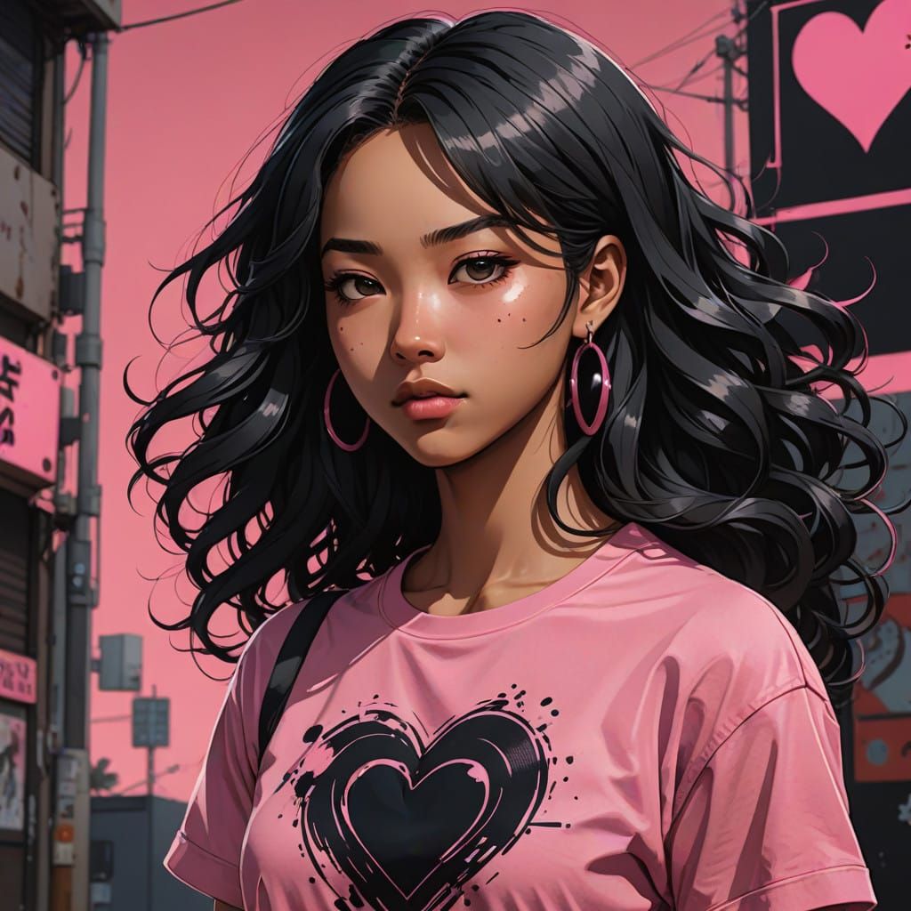 Blasian Girl in Pink Hearts Graphic Tee