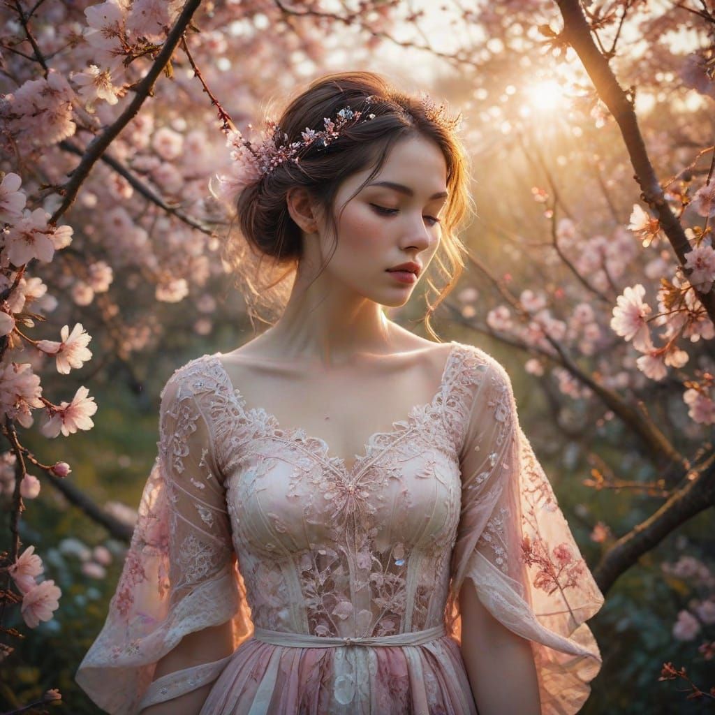 Ethereal Love Heart in Vibrant Cherry Blossom Grove, Digital...