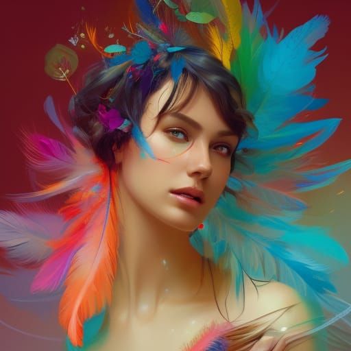 Colorful Feathered Woman Portrait in Hyperdetailed Style