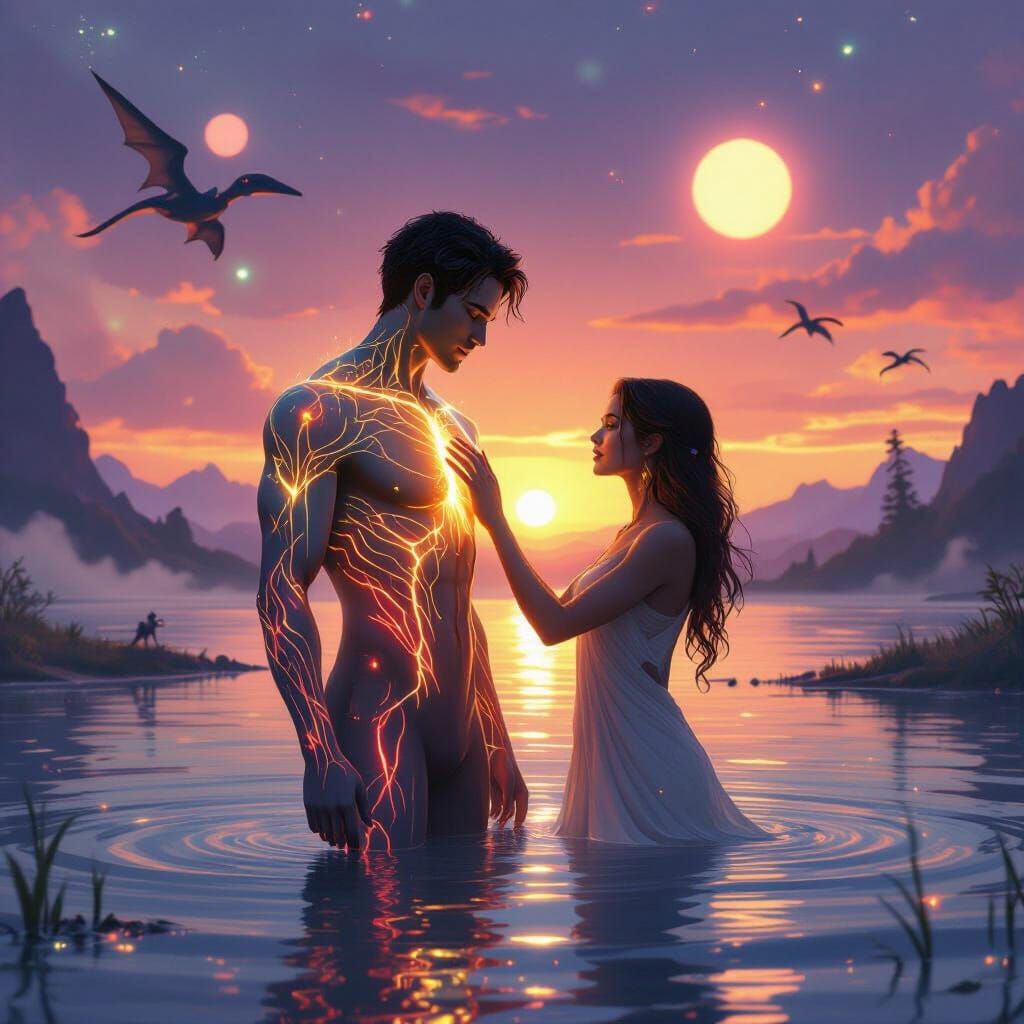 Ethereal Couple with Dual Suns Setting Over Alien Lagoon