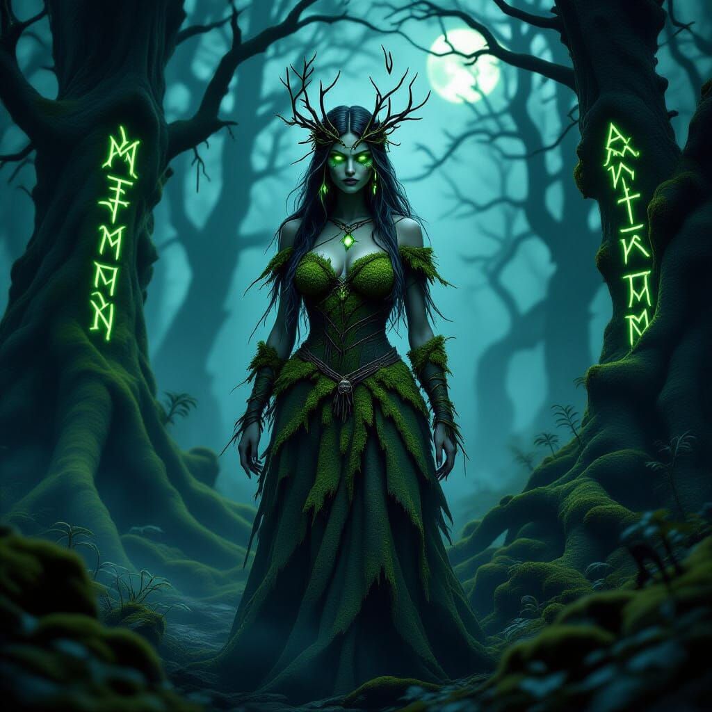 Slavic Forest Spirit Woman in Eerie Moonlight