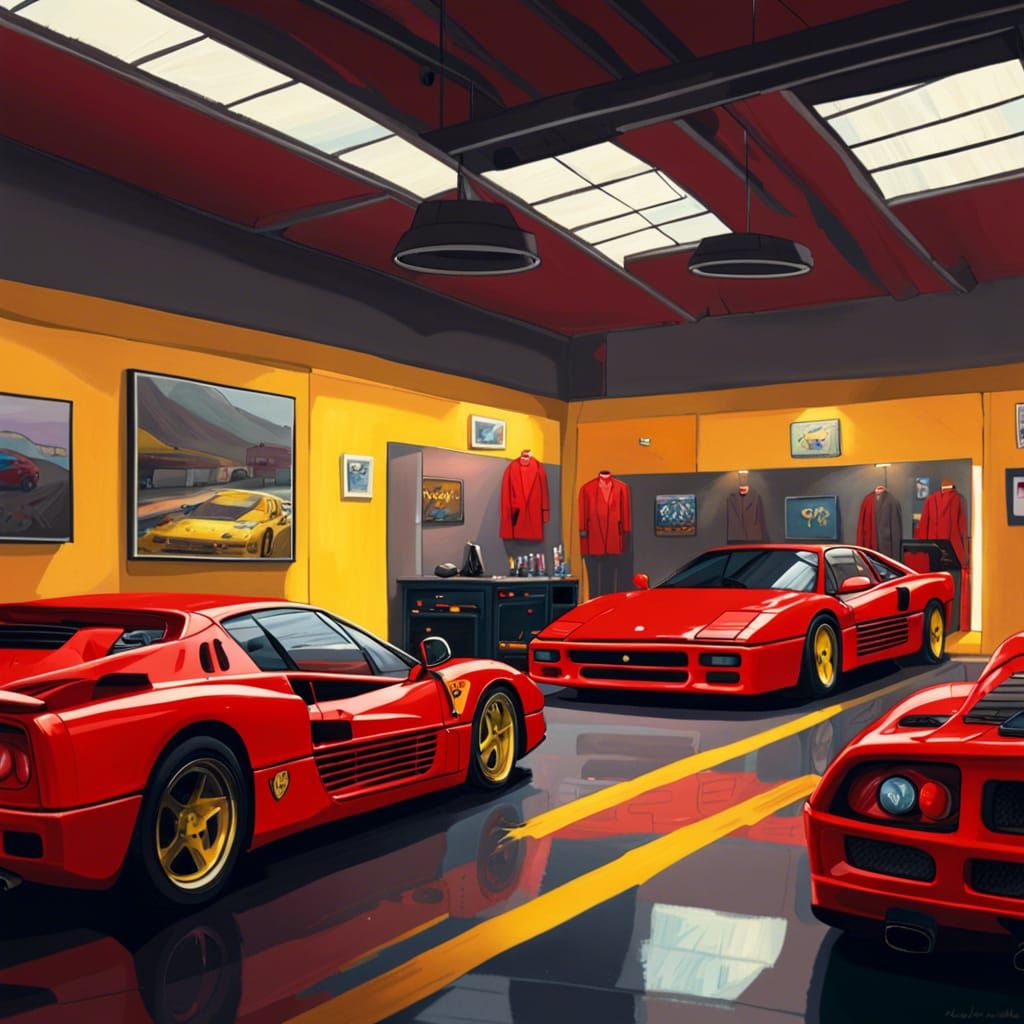 Ferraris in Showroom: Arcane Style Digital Painting