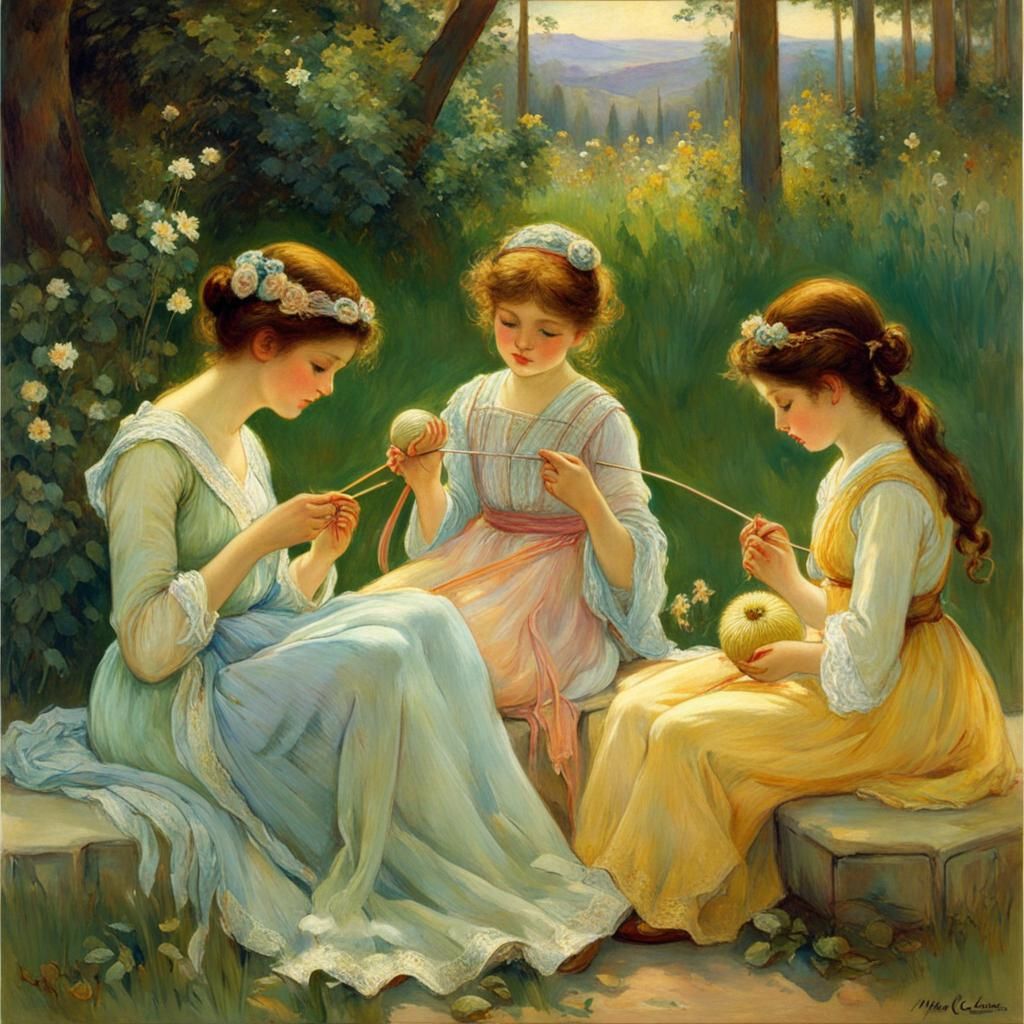 Mother and Daughters Knitting in Pastel Hues