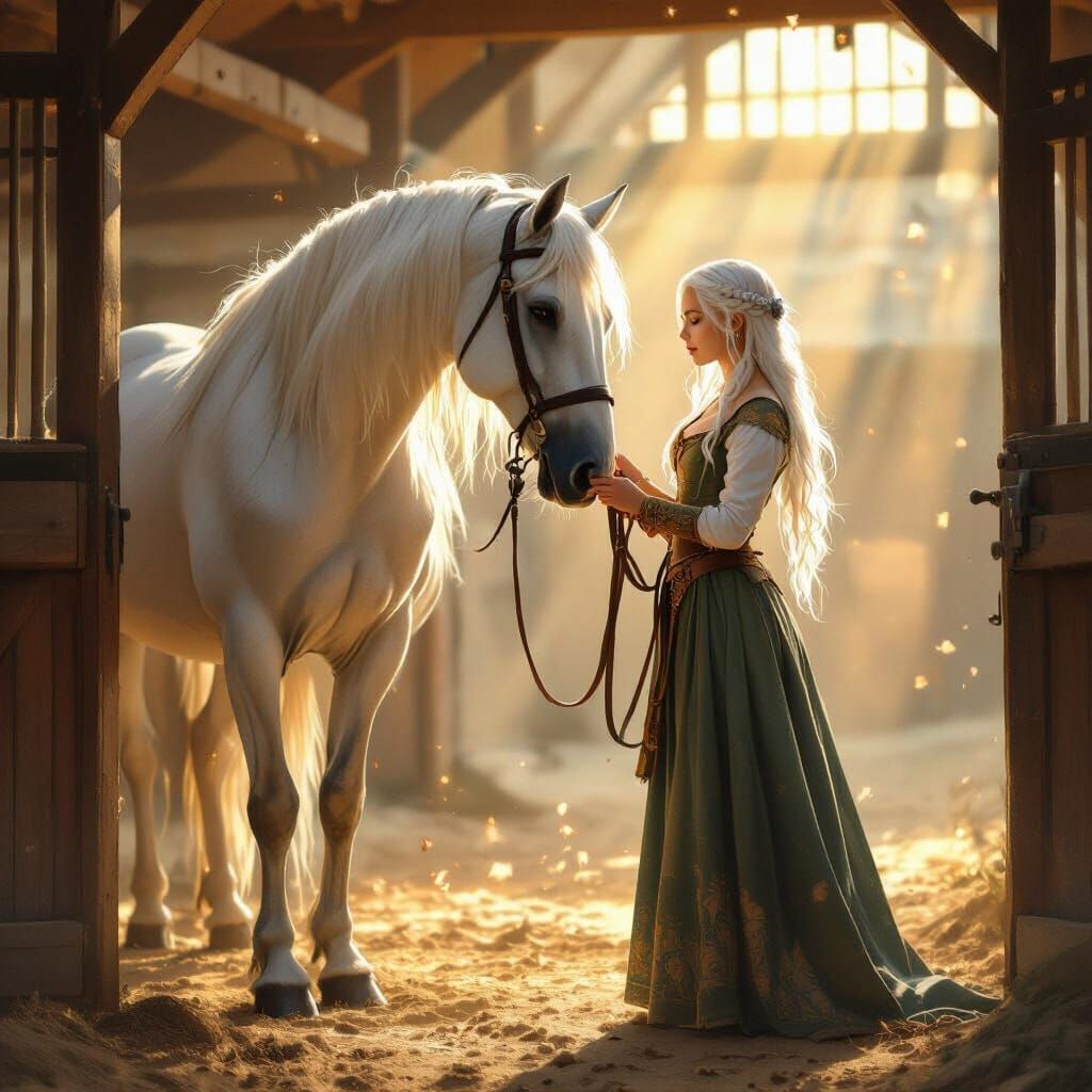 Ciri Brushes Her White Horse in Golden Hour Stable