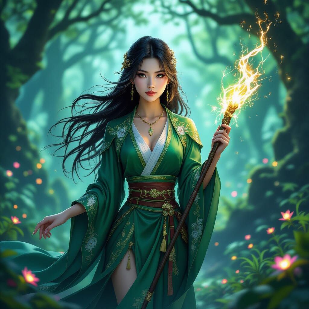 Mystical Asian Sorceress in Glowing Forest
