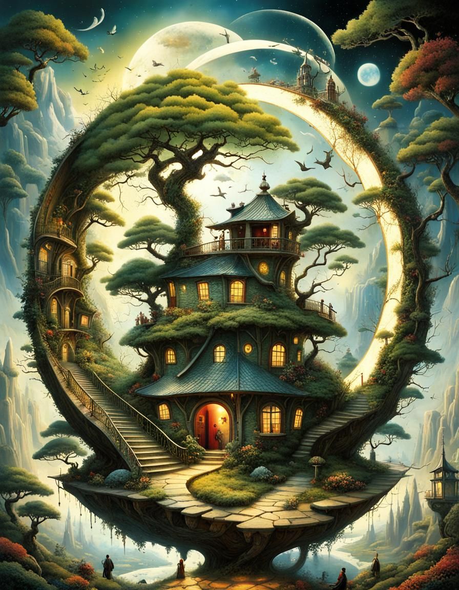 Surreal Stargate Scene with Bonsai and Victorian Cottages