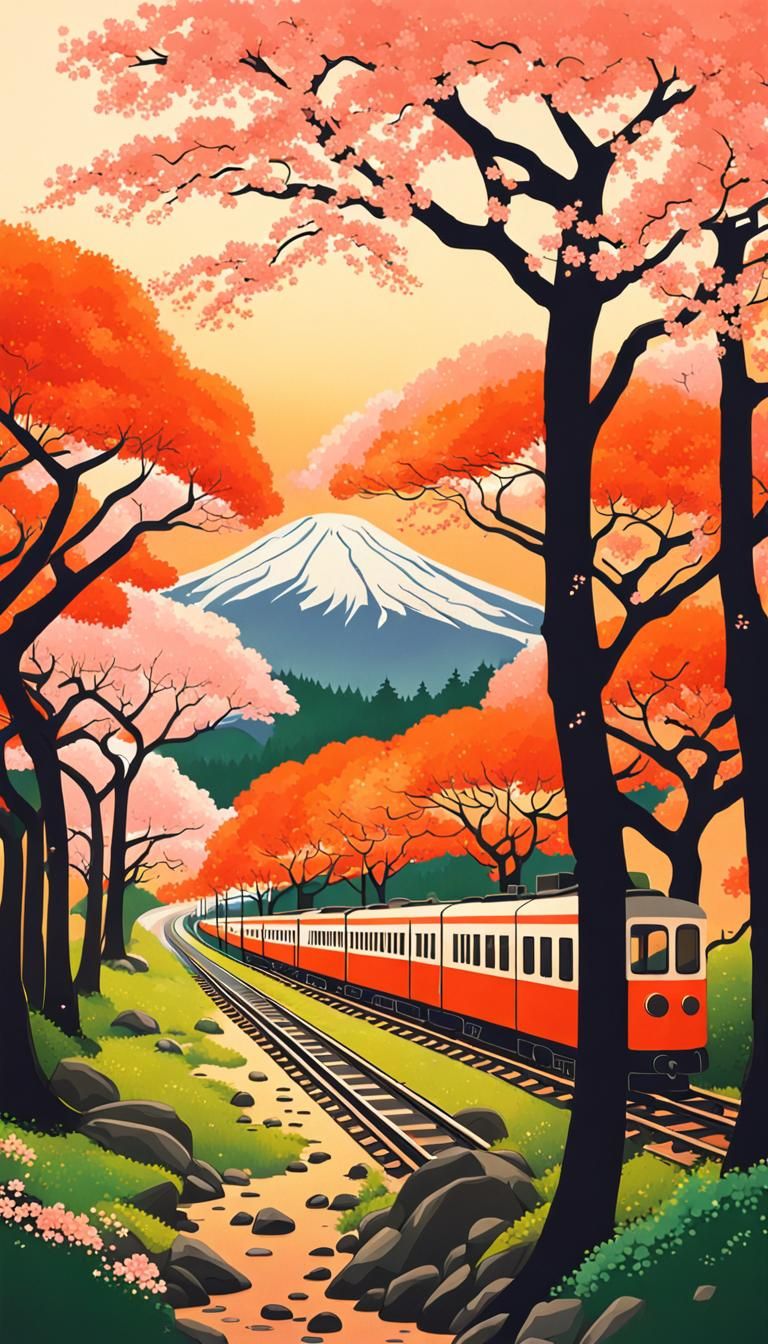 Ghibli-Inspired Train Amidst Cherry Blossoms
