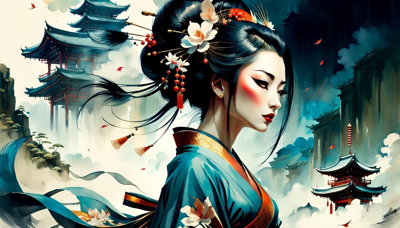 Japanese Geisha Fantasycore in Watercolour Style