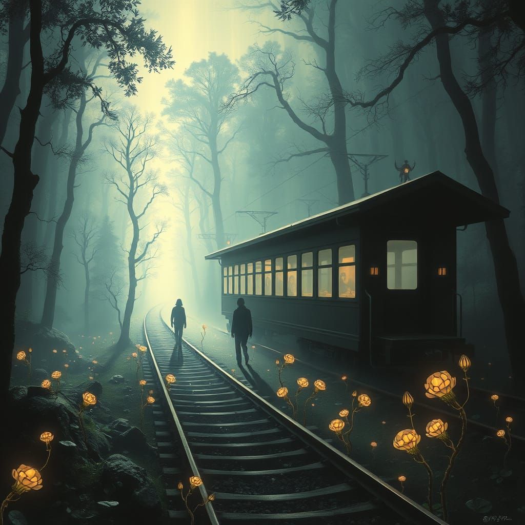 Ethereal Train Station in Haunted Forest: Gothic Surrealism