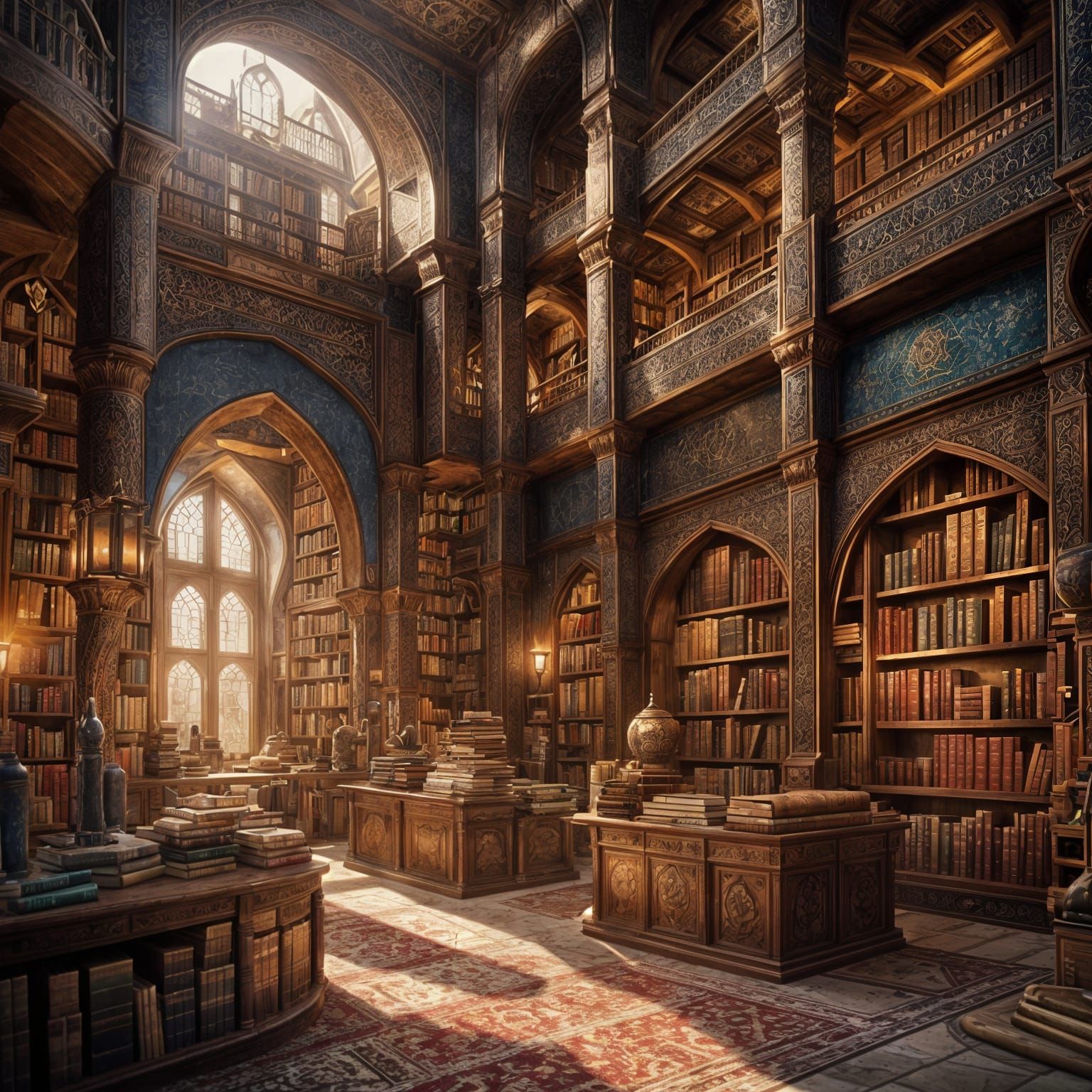 Fantastical Arabian Library Interior in Detailed Matte Paint...
