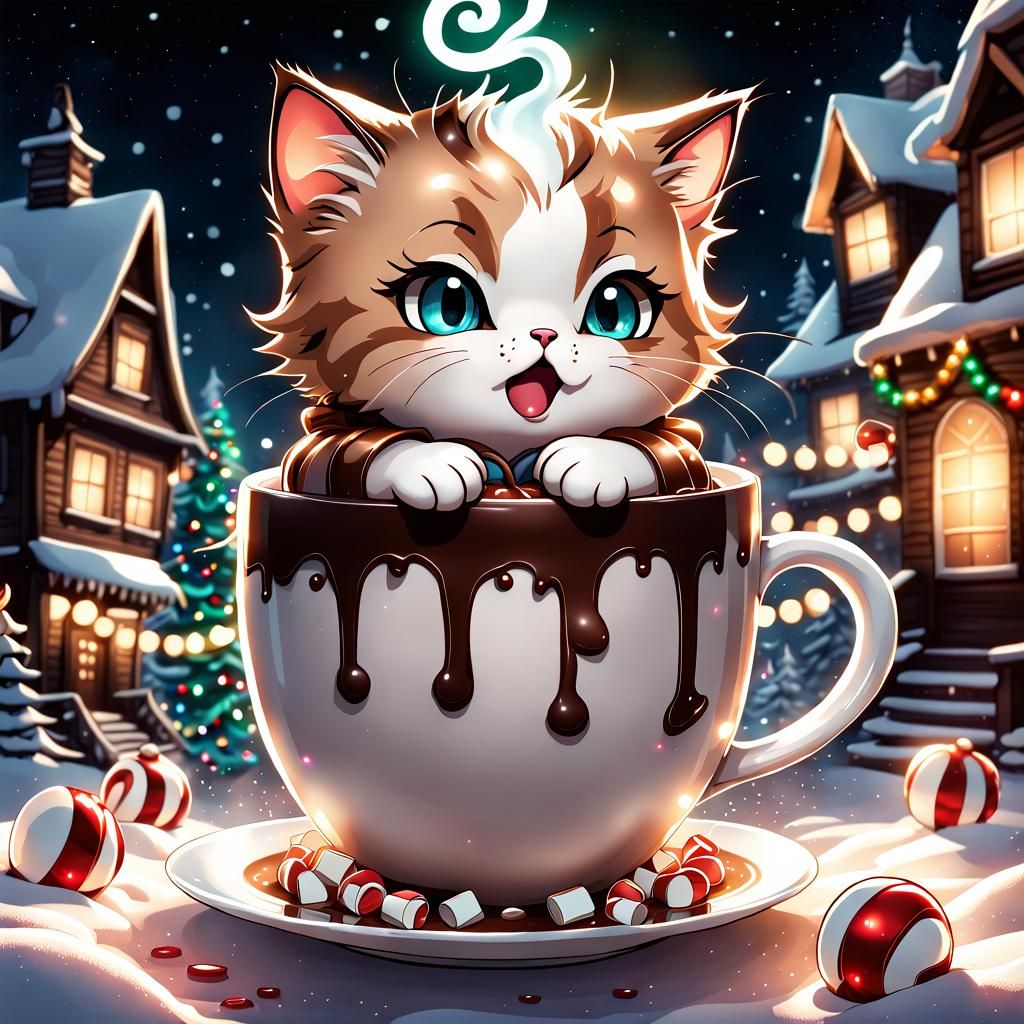 Chibi Cat Overwhelmed in Giant Hot Chocolate Cup