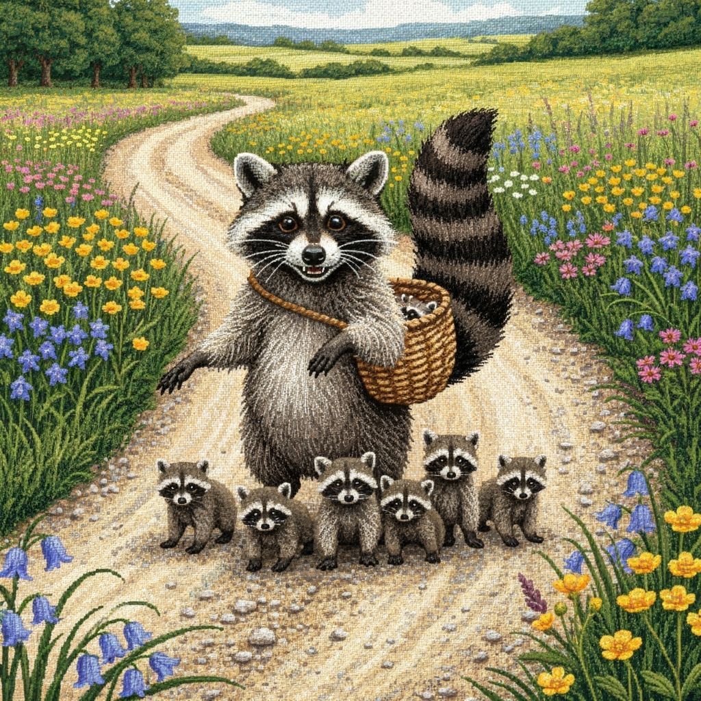 Mama Raccoon with Babies Crossing Country Road in Tapestry S...