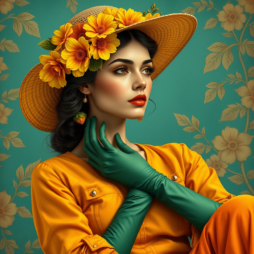 Elegant Woman with Floral Hat in Digital Illustration
