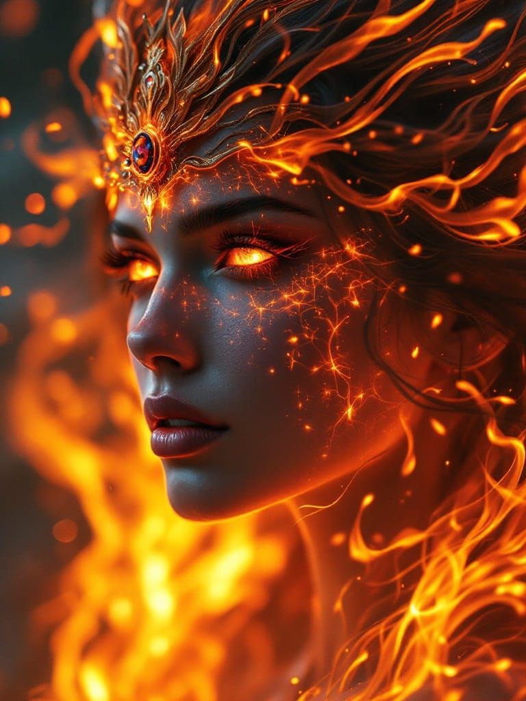 Dramatic Fire Goddess Portrait in Hyperrealism