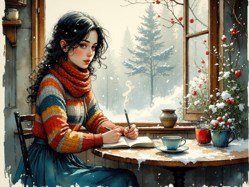 Woman Sketching in Cozy Cafe on Snowy Morning