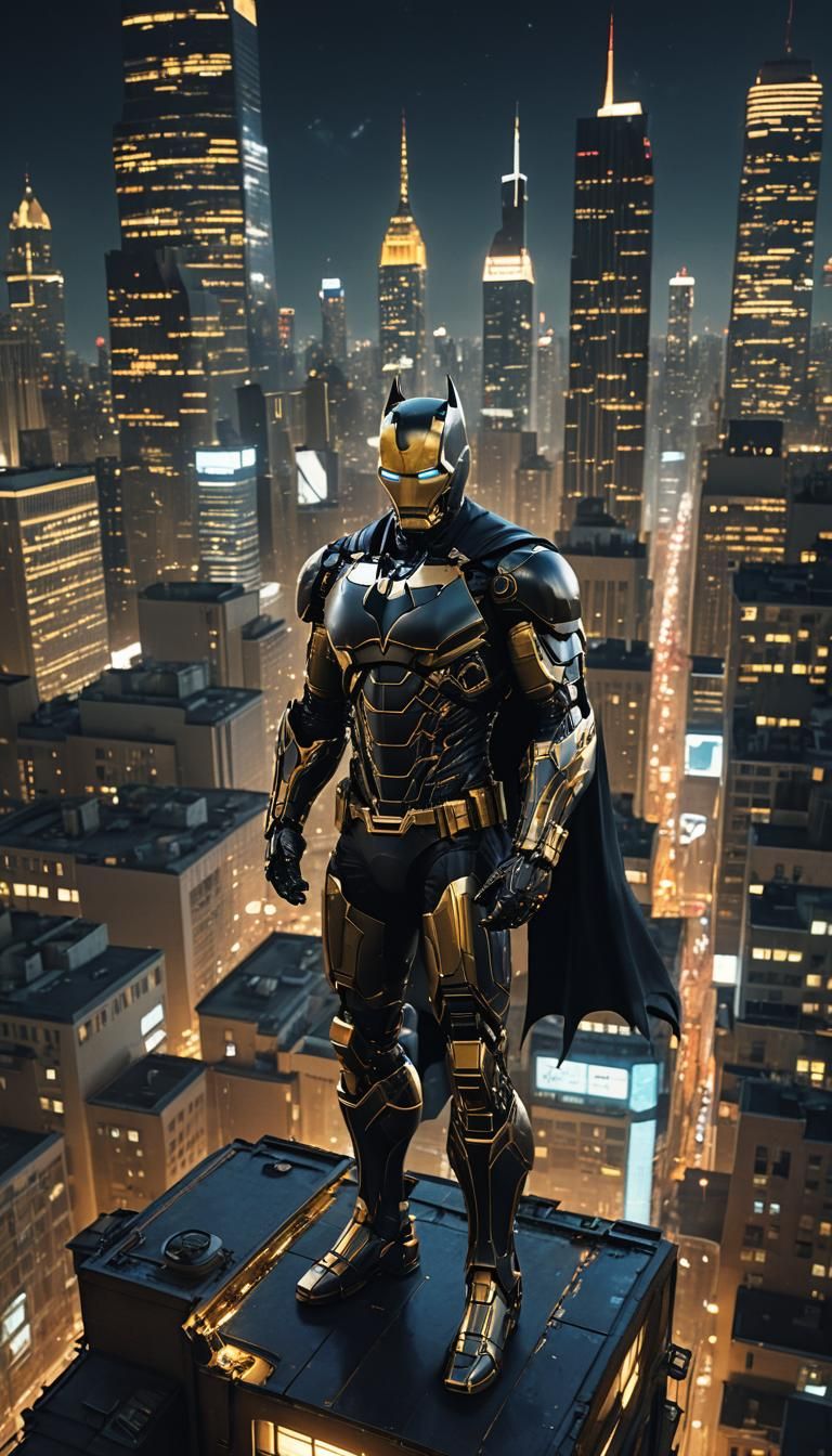 Batman in Gold Iron Man Suit on City Rooftop