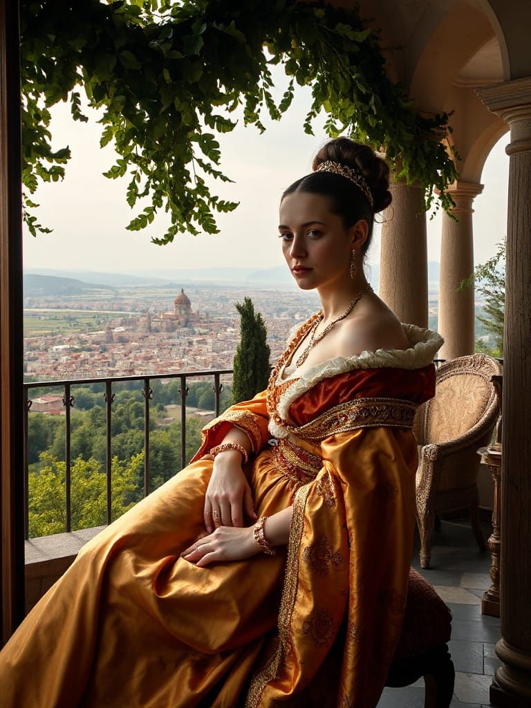 Lavish Renaissance Noblewoman in Majestic Mediterranean Sett...