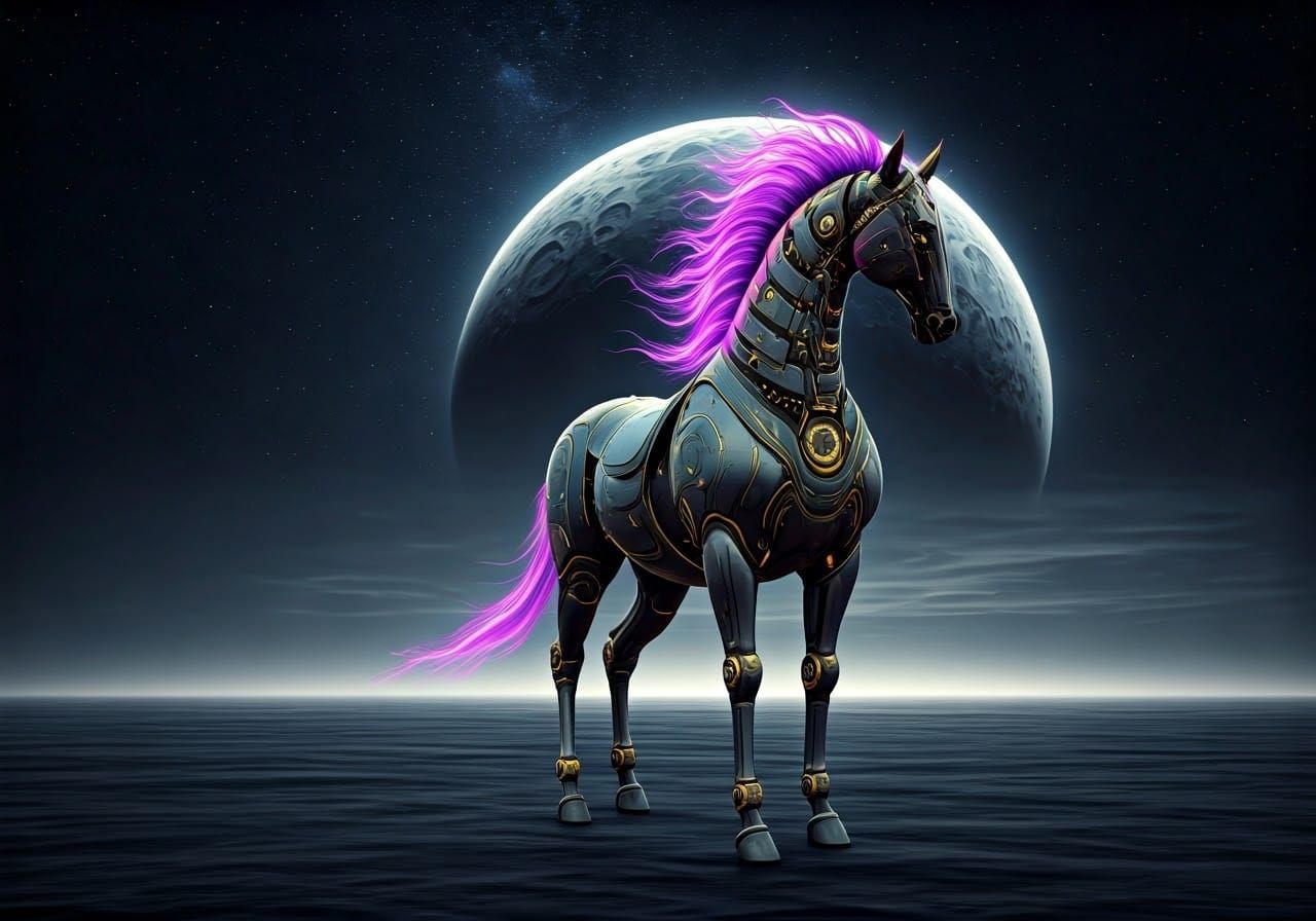 Mechanical Horse with Purple Mane Under Sci-Fi Moon