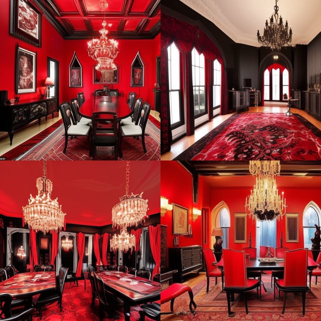 Gothic penthouse with Red leather walls with Black accents& black Gothic couches with Red accents& gothic tables with re...