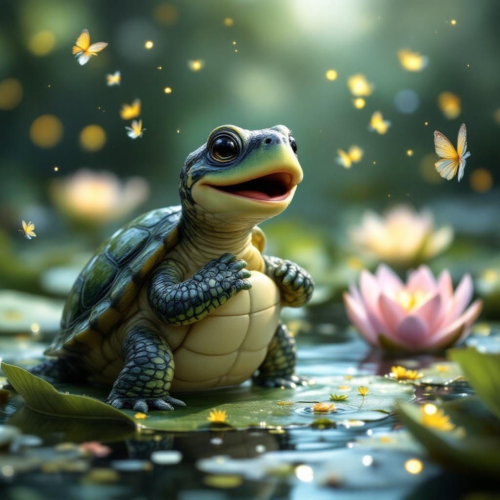 Adorable Turtle Sings Opera on Lily Pad in Morning Light
