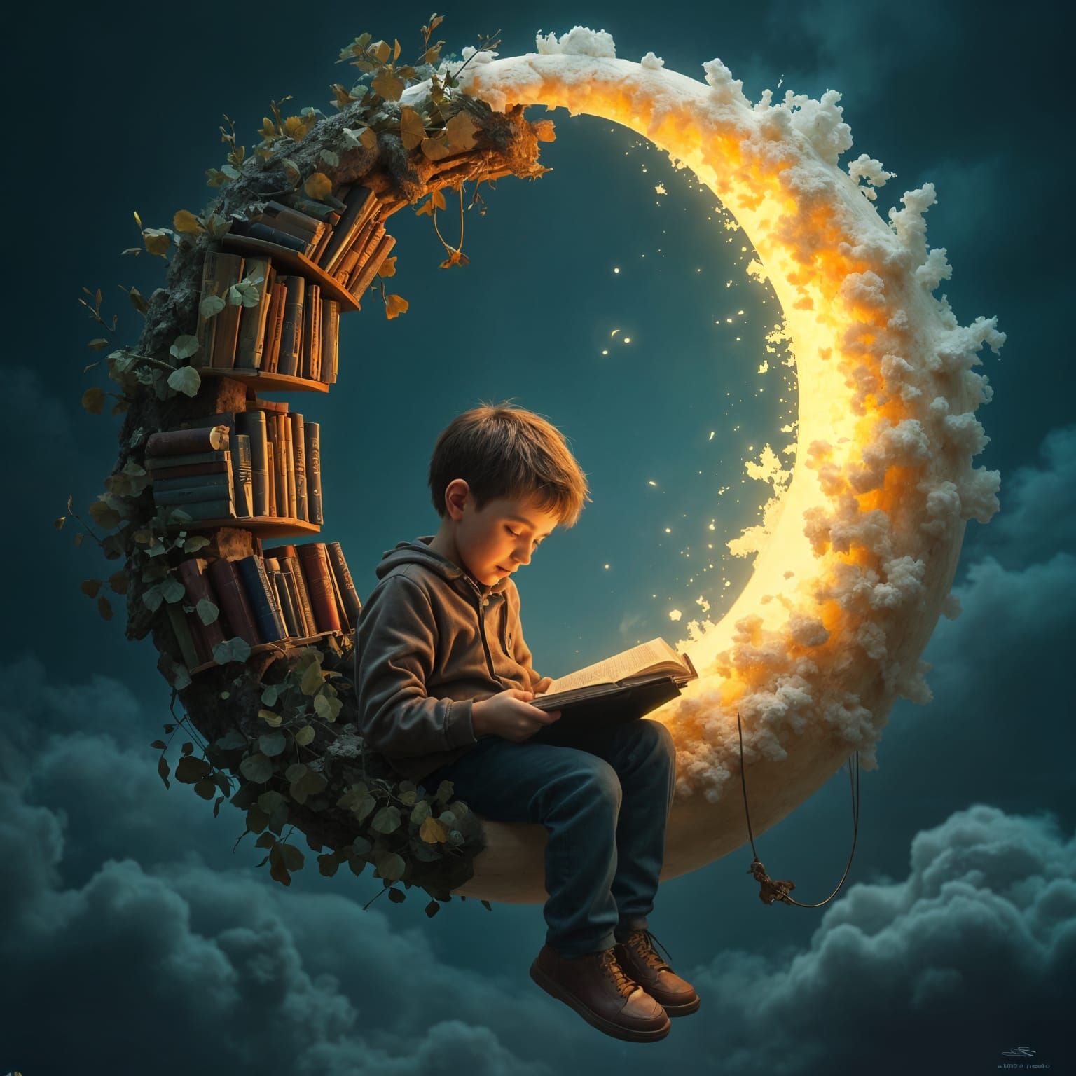Boy Reading on a Fantastical Moonlit Bookshelf