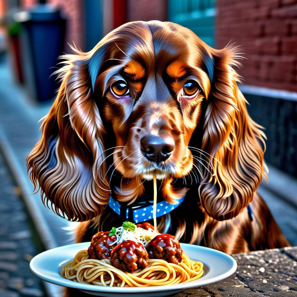 Isometric Cocker Spaniel Enjoying Spaghetti Dinner