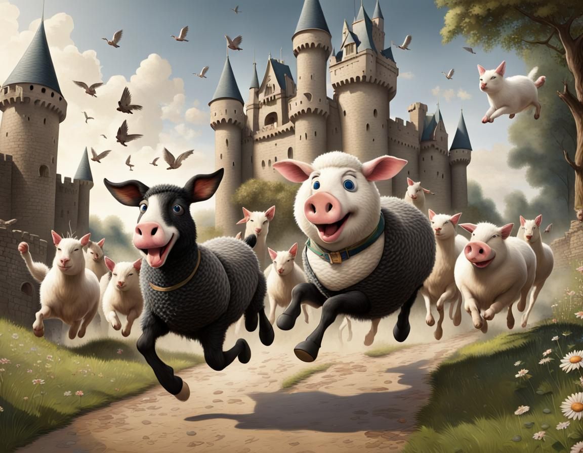 Fairytale Characters Fleeing Castle, Pursued by Kings Men