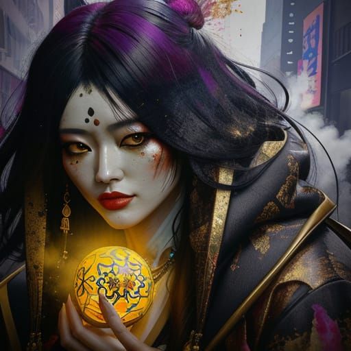 Goddess in City: Fauvism with Sumi-e Textures