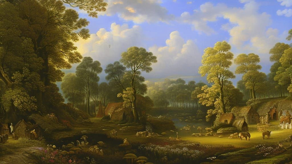 Constable-Style Landscape with Village and Colorful Flora