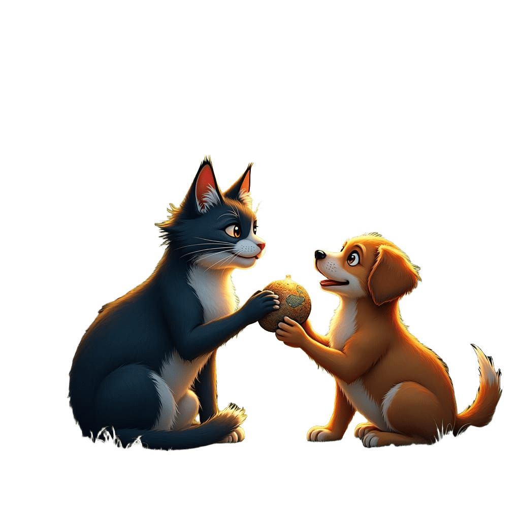 Cat Presents Rock Drawing to Dog: Fantasy Concept Art