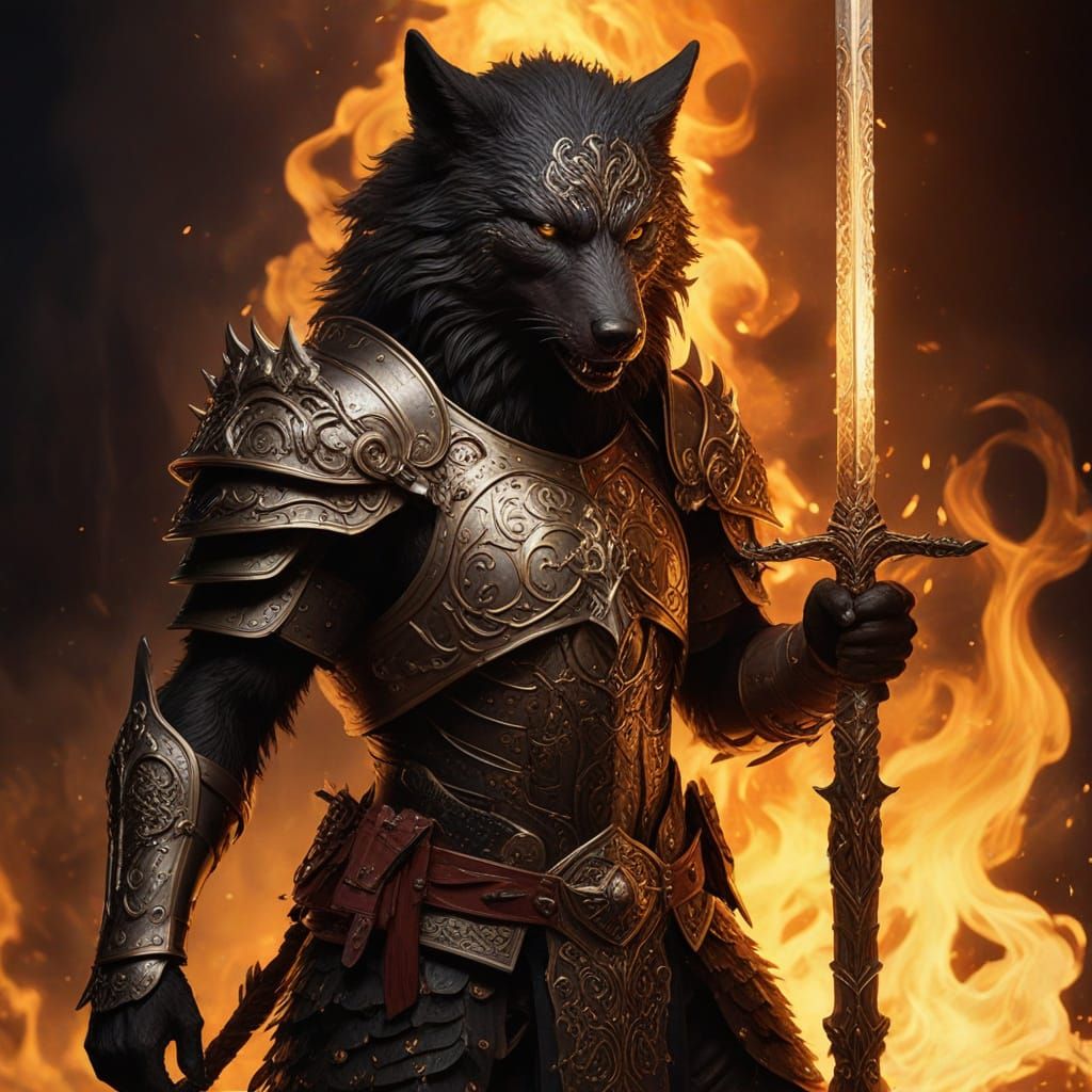 Heroic Black Wolf in Golden Armor, Flaming Sword, and Shield