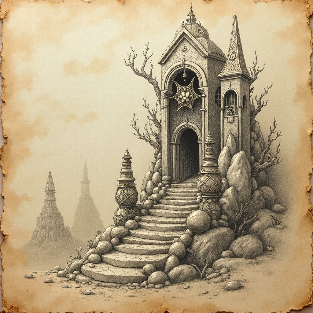Mystical Realm: Intricate Pencil Sketch on Worn Paper