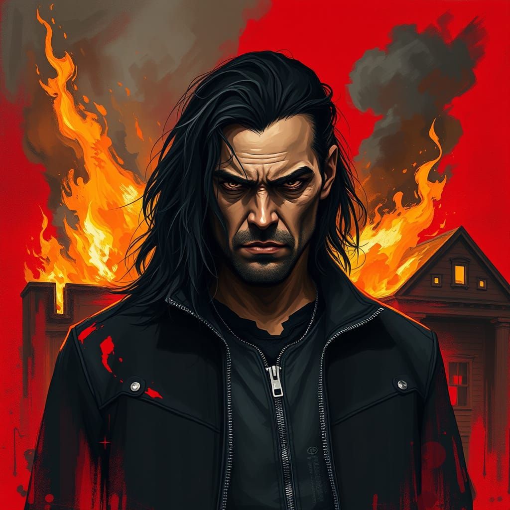 Gritty Cyberpunk Hero Against a Fiery Background