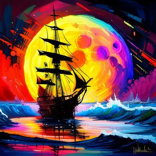 Pirate Ship on Rainbow Waves: Colorful Matte Painting