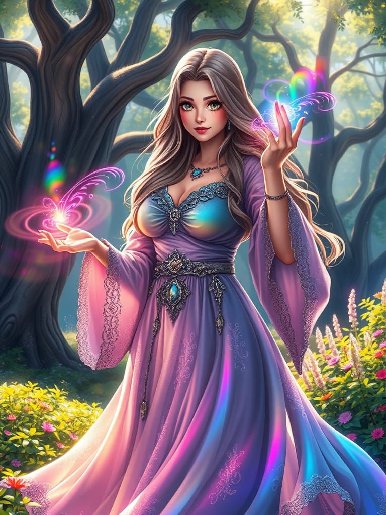 Enchanted Wizardess Radiates Rainbow Magic in Whimsical Fore...