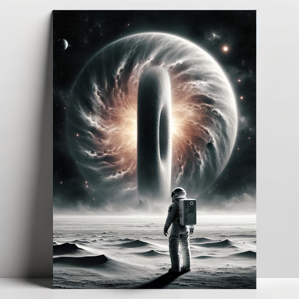 Astronaut Near Pulsating Monolith in Nebula