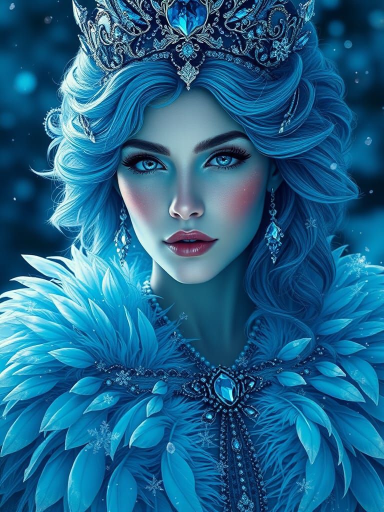Regal Woman in Icy Splendor, Frozen in Serene Beauty