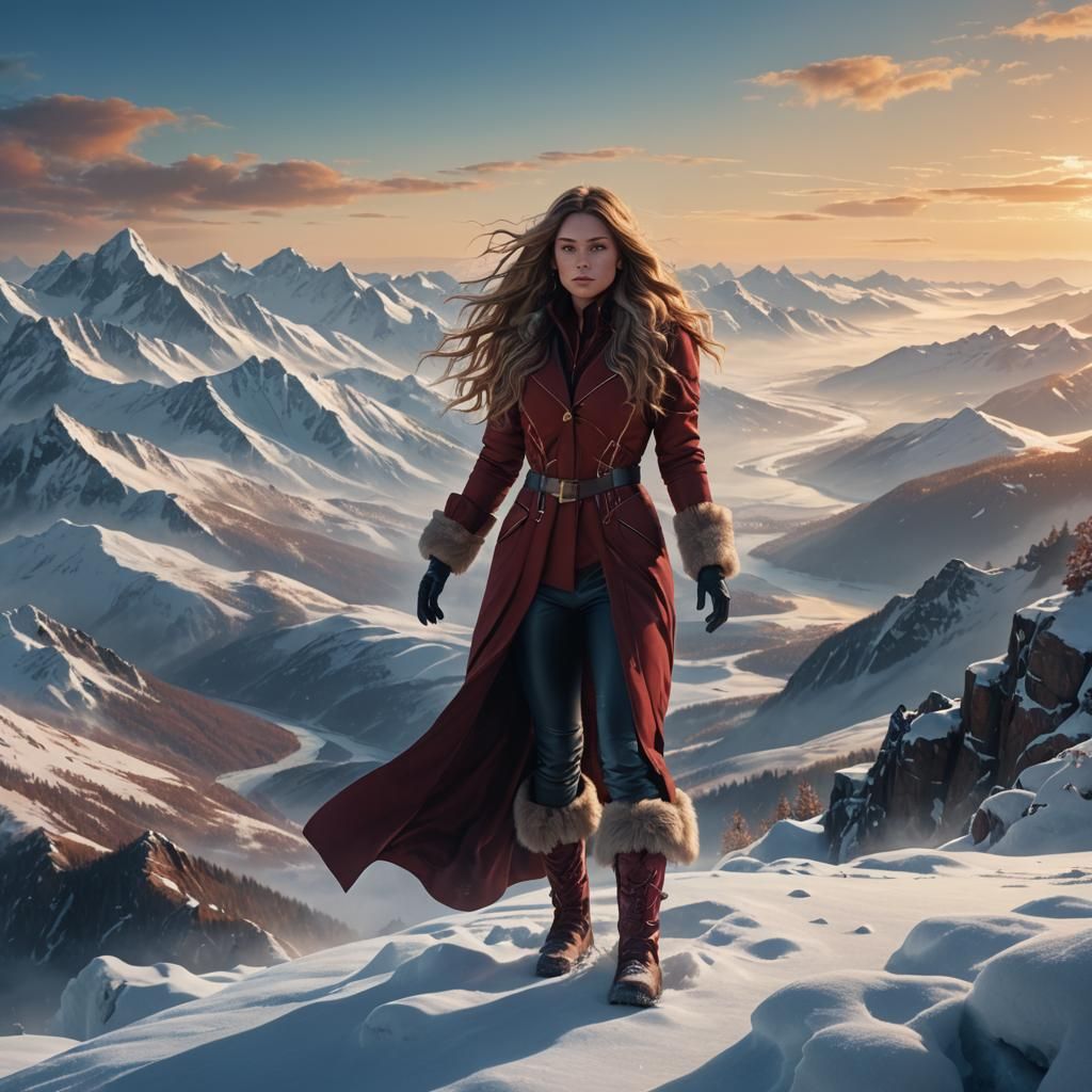 Woman in Red Suit on Snowy Mountain, Fantasy Art