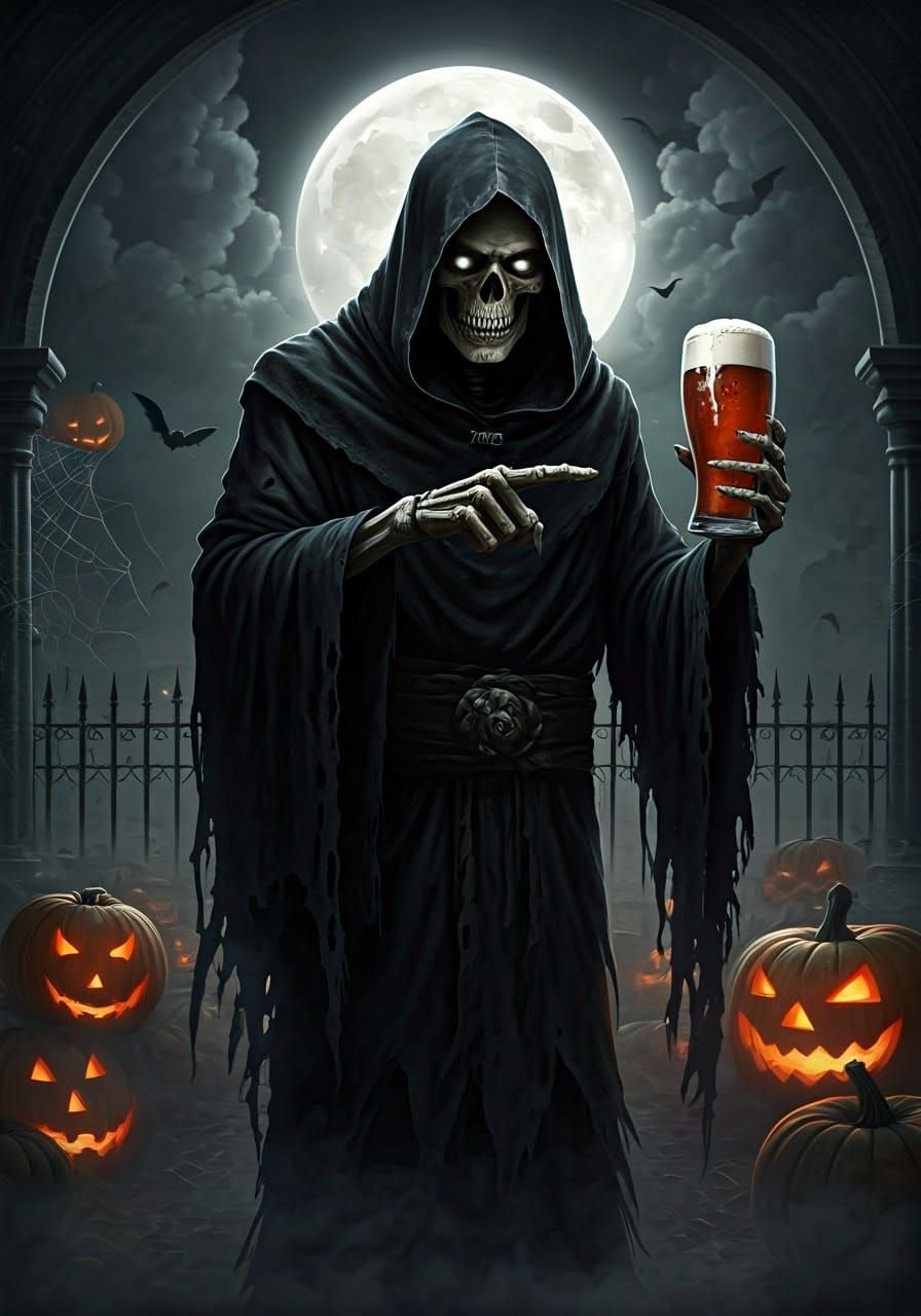 in a gloomy and gloomy cemetery, with the full moon in the background partially hidden by very thin clouds that pass thr...