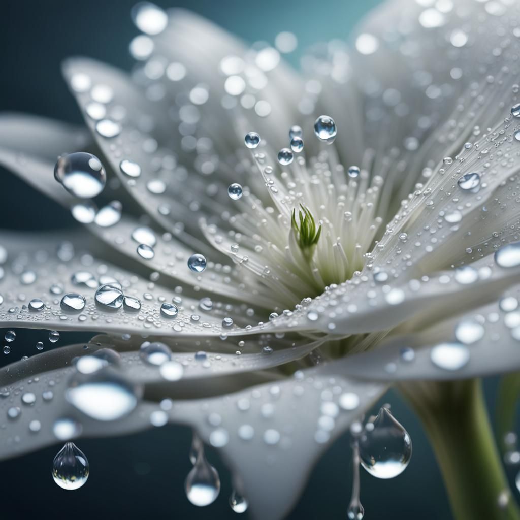 Ethereal Dew Drops on White Flower, Macro Shot