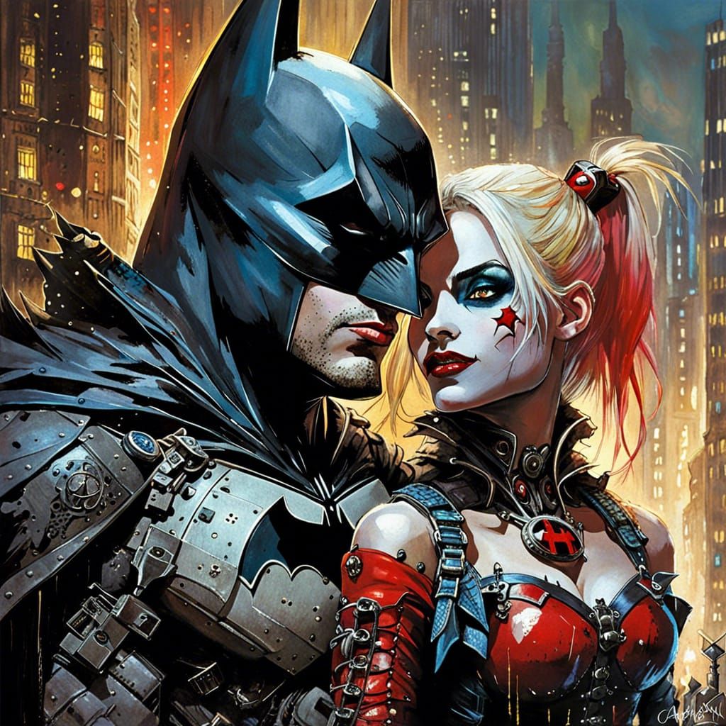Batman and Harley Quinn in Dark Fantasy Cityscape
