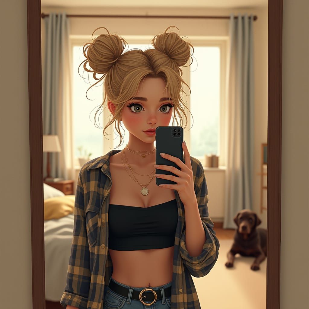 Young Woman in Elegant Bedroom, Realistic Pencil Sketch