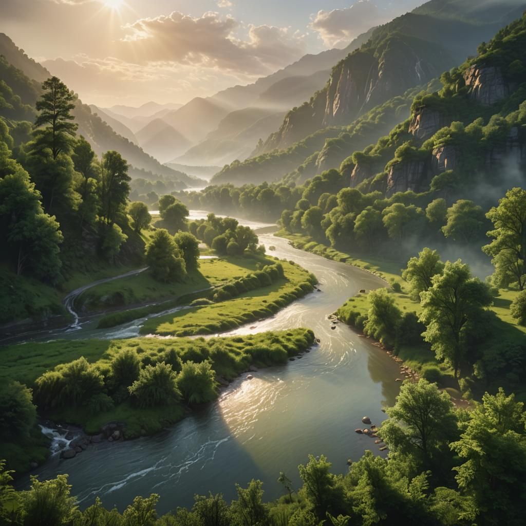 Serene River Valley Landscape in Photorealistic Style